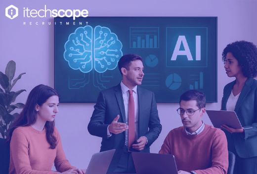 Four professionals discussing AI trends in an office setting, with a digital screen displaying a brain graphic and AI data charts in the background. iTechScope Recruitment logo visible in the top left corner.