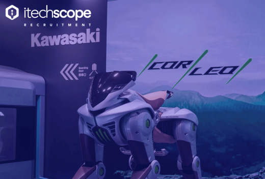 A futuristic, quadruped robot resembling a mechanical horse is displayed at a Kawasaki booth, with the name 'Corleo' shown on a large screen behind it. The robot features a sleek design and is powered by hydrogen, emphasizing advanced robotics and mobility innovation.